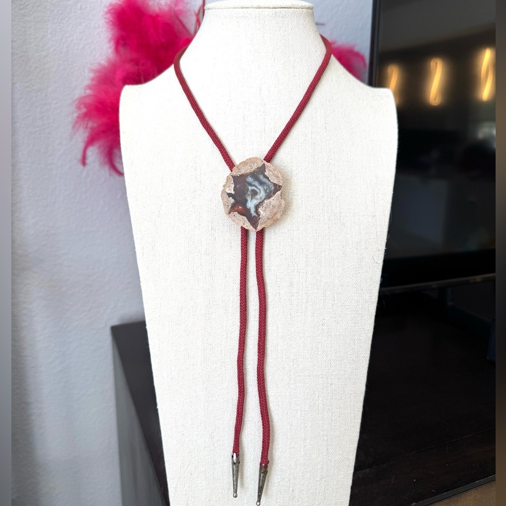 Red Agate Fossil Bolo Tie Necklace